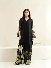 Black floral tunic with matching bottom Co-Ord Set by Yezwe featuring sheer sleeves and wide-leg pants